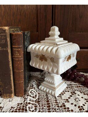 Vintage Westmoreland Milk Glass Covered Candy Dish | Gold Grape Pedestal Compote